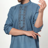 blue Men's band collar cotton silk kurta