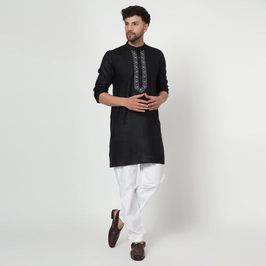 black Men's band collar cotton silk kurta