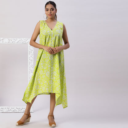 V neck asymmetric printed dress with mirrorwork