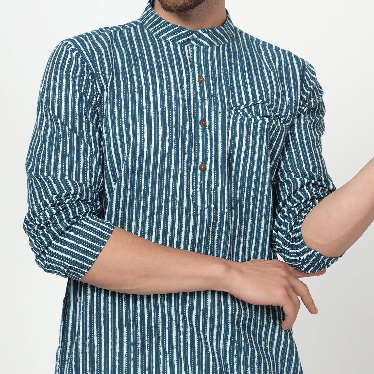 teal Men's printed band collar cotton kurta