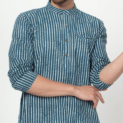 teal Men's printed band collar cotton kurta
