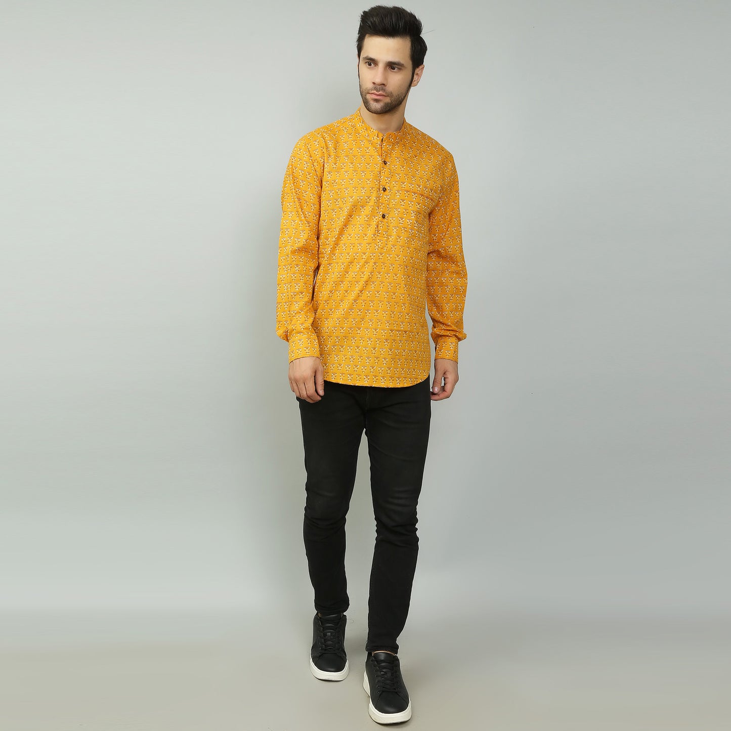 mustard Cotton printed full sleeves kurta style shirt