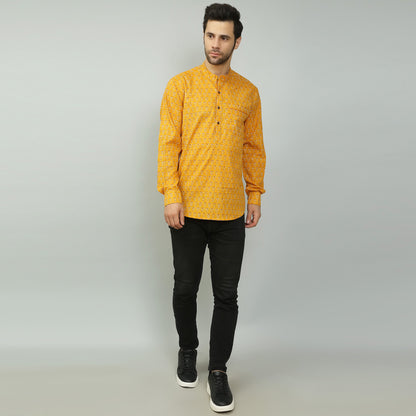 mustard Cotton printed full sleeves kurta style shirt