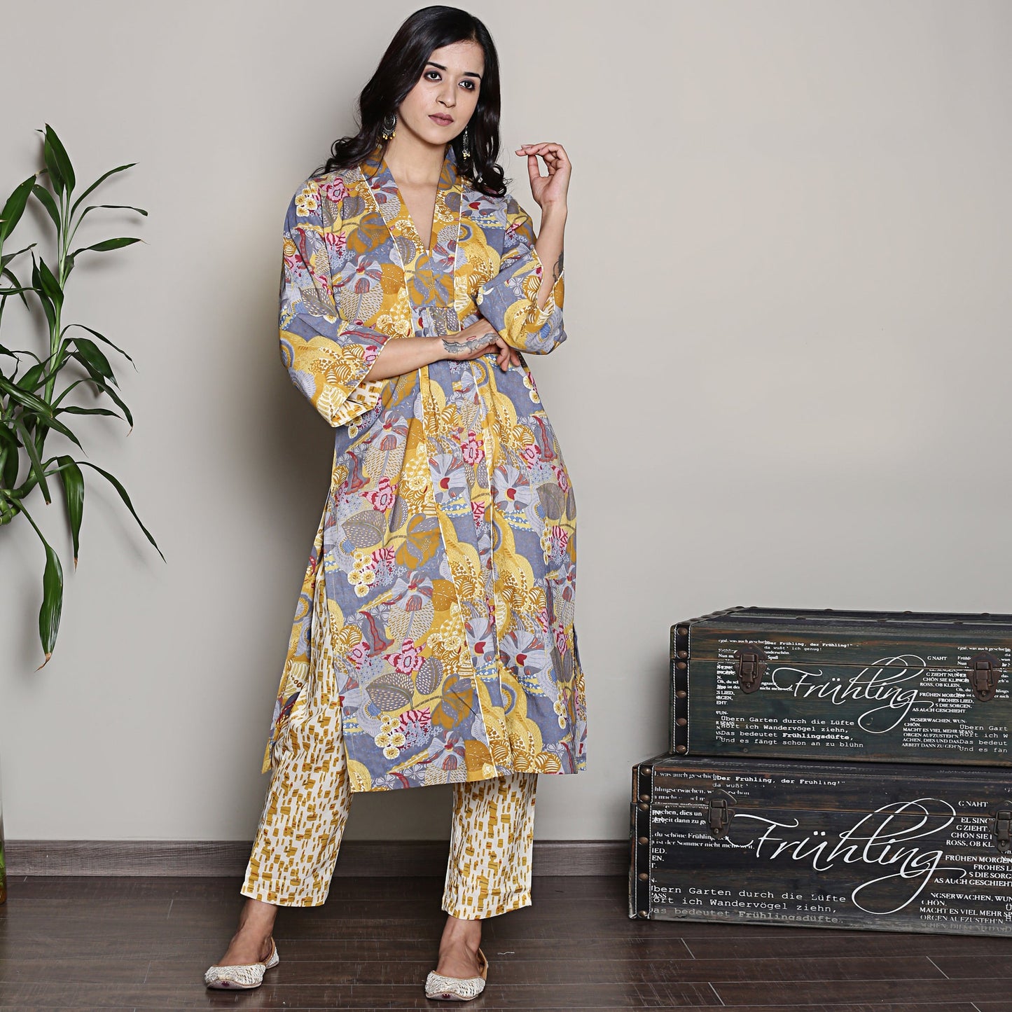 Printed yellow A-line kurta set