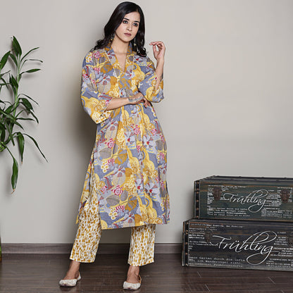 Printed yellow A-line kurta set