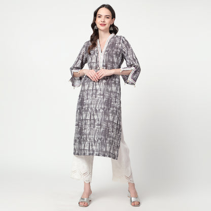 Grey Printed lace detailing kurta