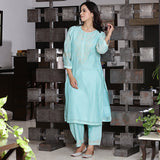 Aqua Blue chanderi kurta set with zari detailing