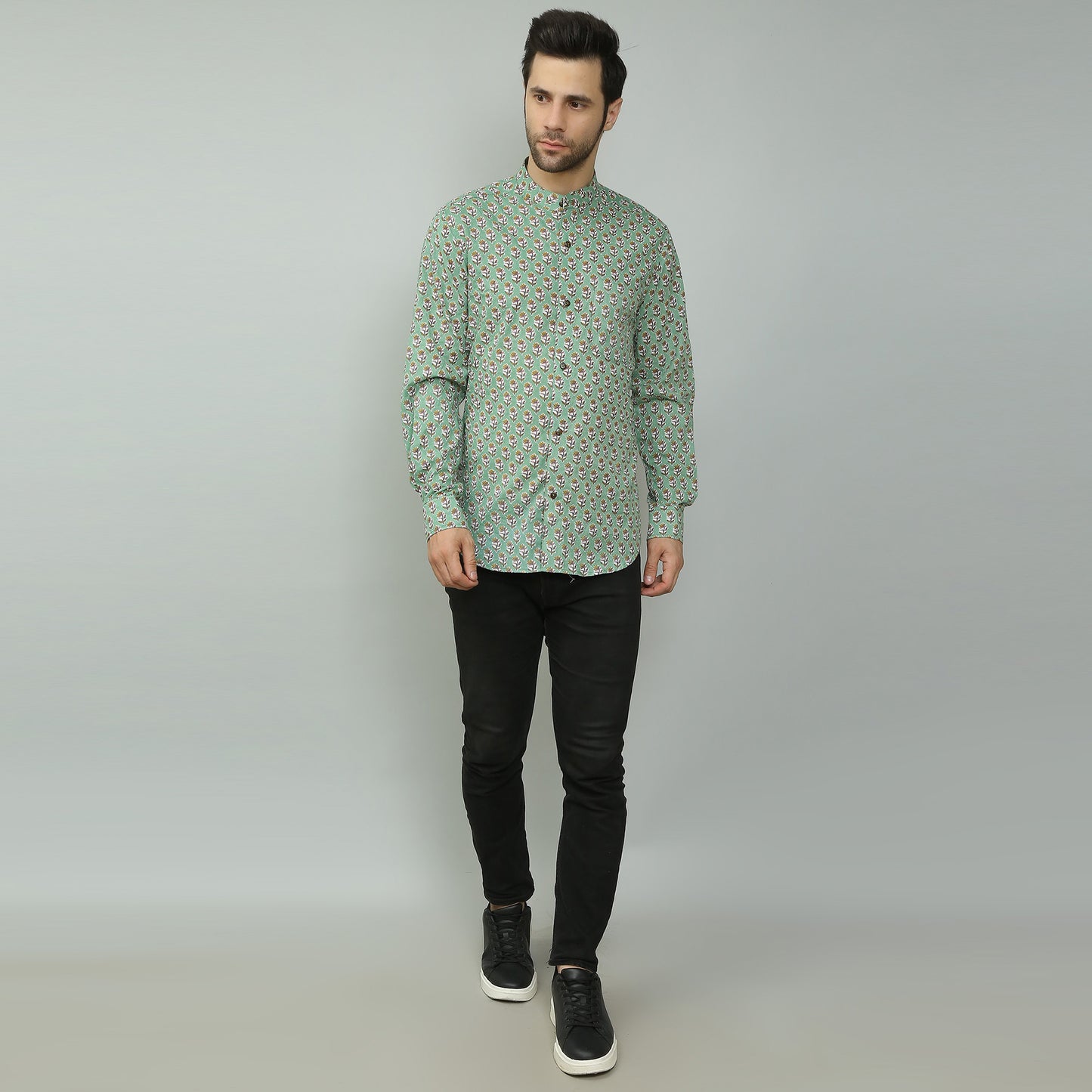 green Cotton printed full sleeves band collar shirt