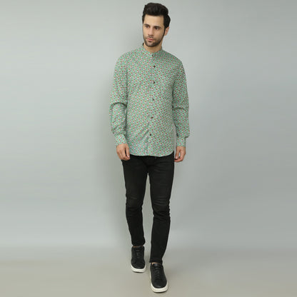 green Cotton printed full sleeves band collar shirt