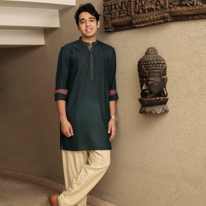 green men's band collar cotton blend kurta