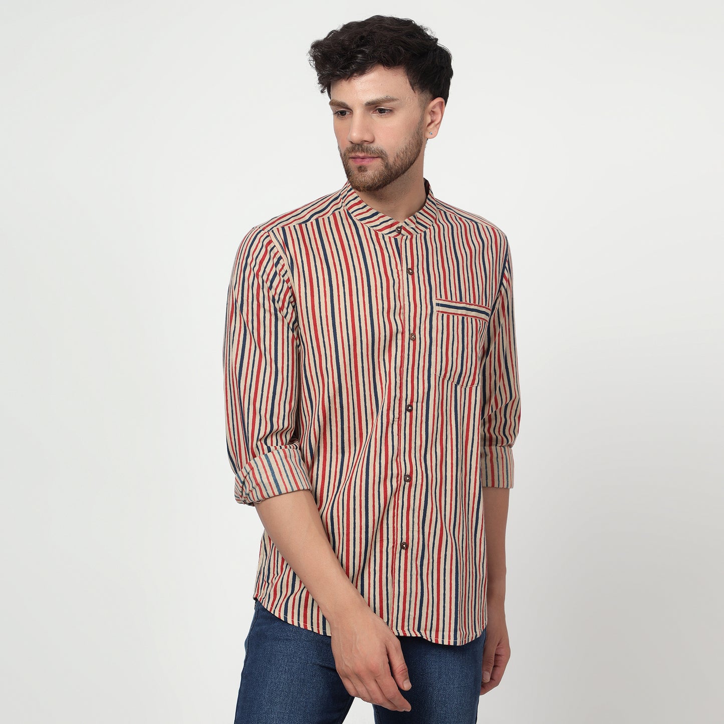 beige Cotton printed band collar full sleeves shirt