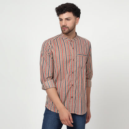 beige Cotton printed band collar full sleeves shirt
