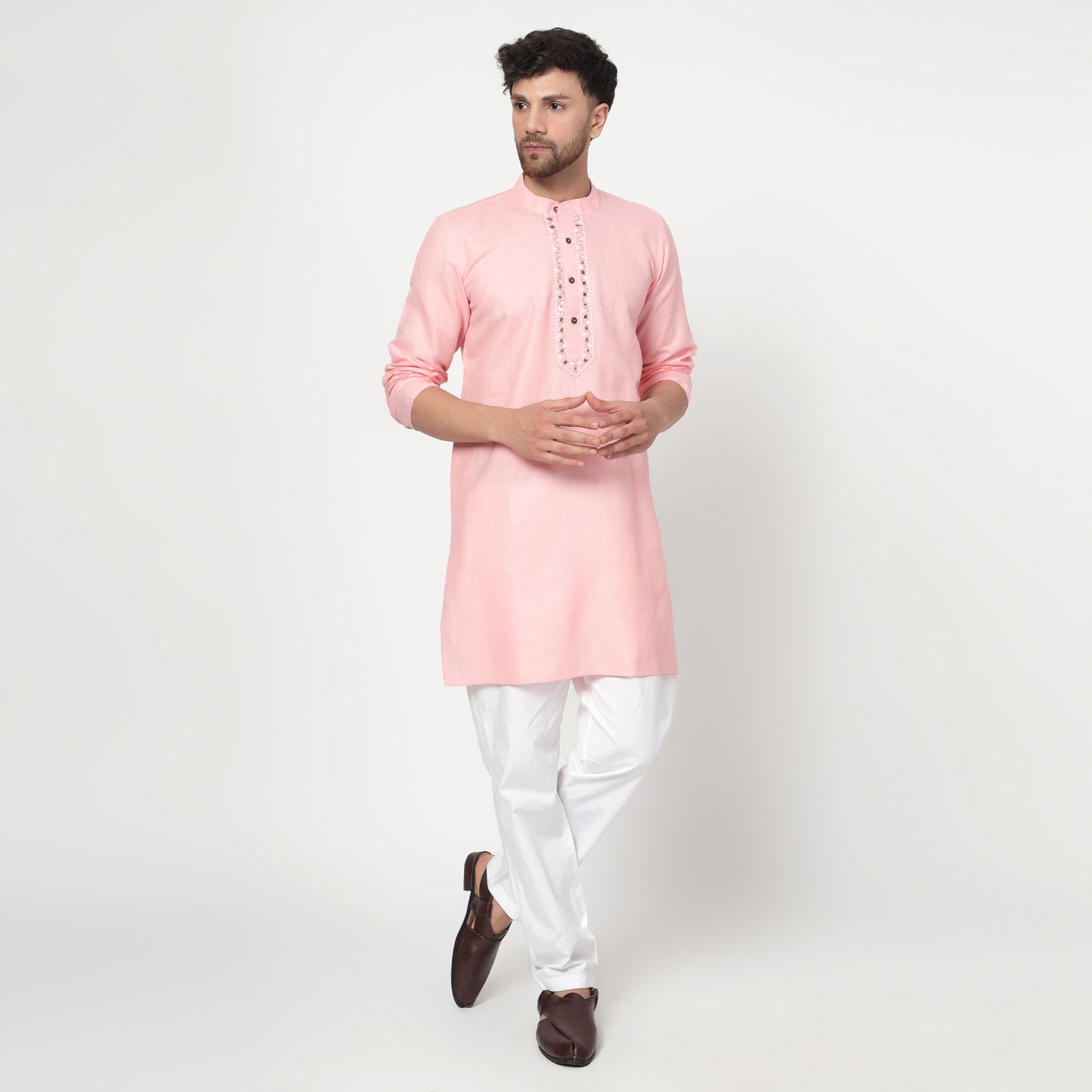 PINK Men's band collar cotton silk kurta