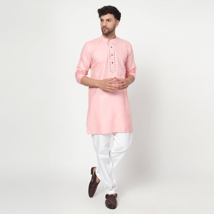 PINK Men's band collar cotton silk kurta
