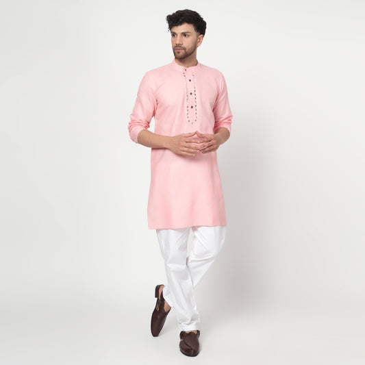 PINK Men's band collar cotton silk kurta