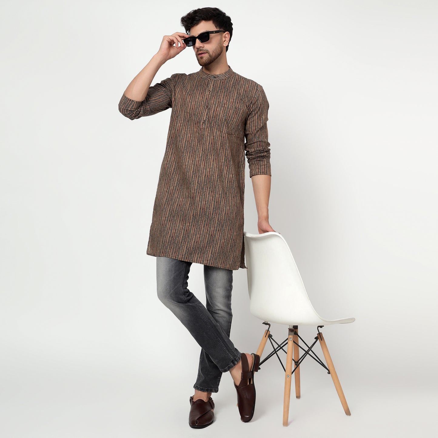 Brown men's textured band collar cotton kurta