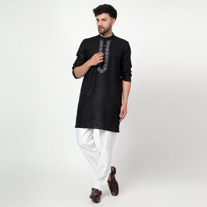black Men's band collar cotton silk kurta