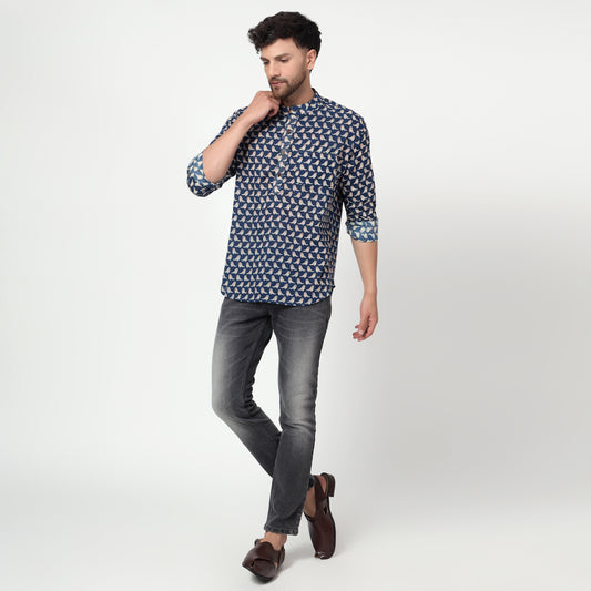 blue Cotton printed full sleeves kurta shirt