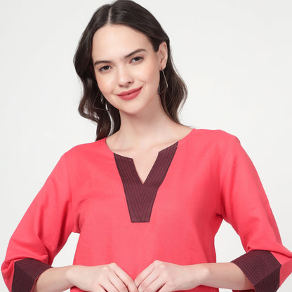 Pink V Neck Knee-length dress