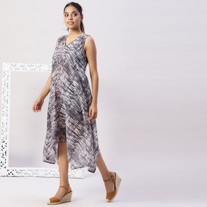 V neck asymmetric shibori dress with mirrorwork