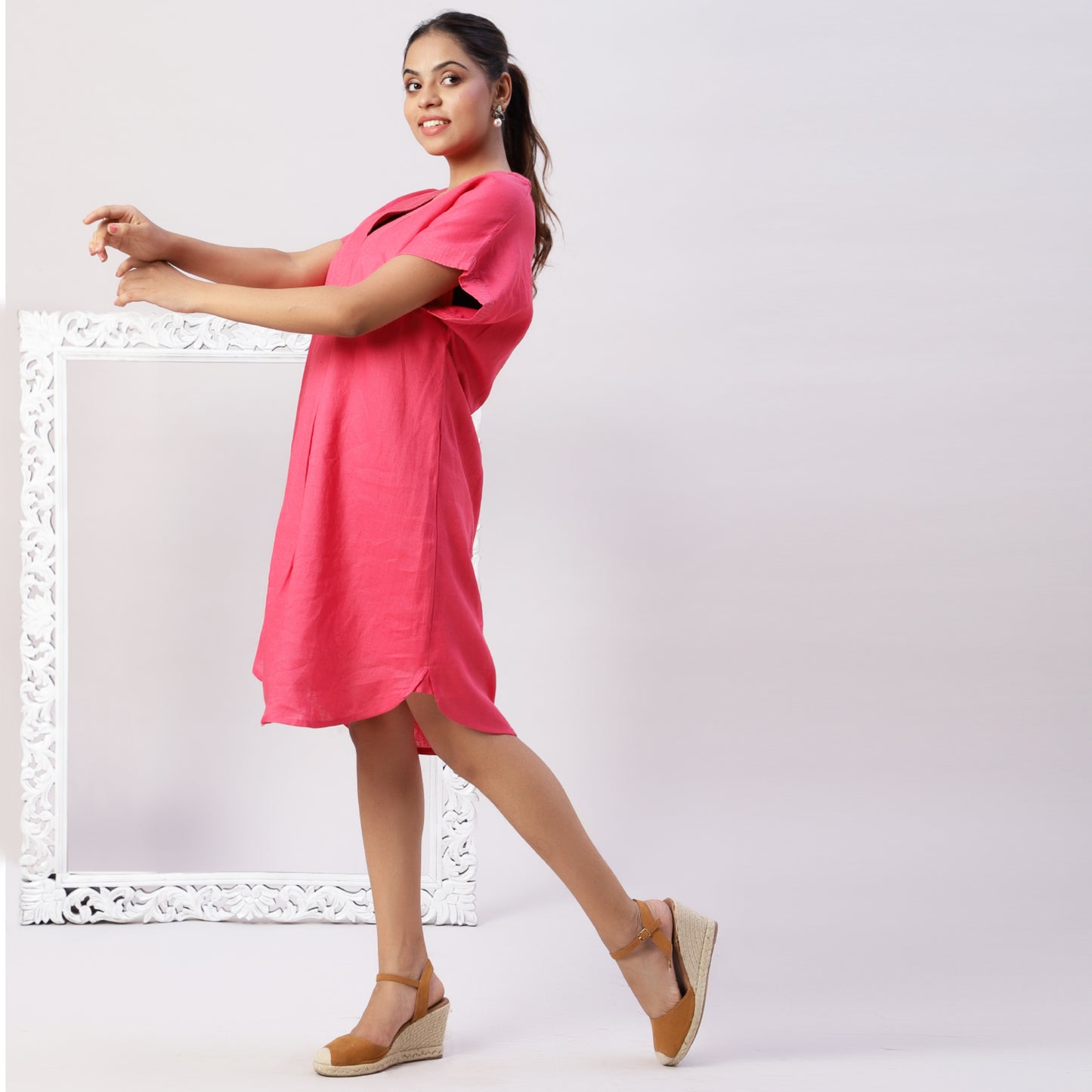 Drop shoulder V neck linen dress