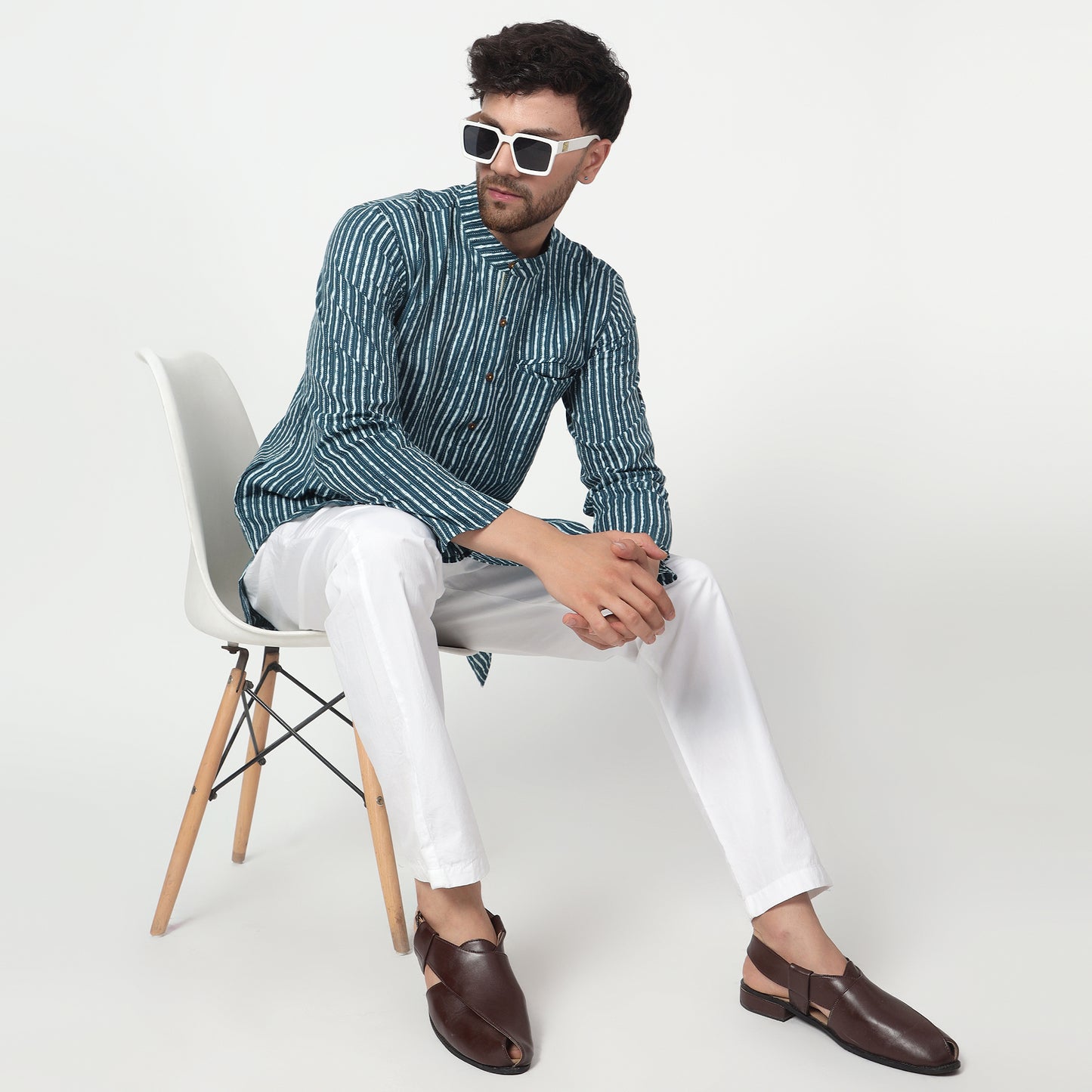 teal Men's printed band collar cotton kurta