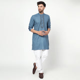 blue Men's band collar cotton silk kurta