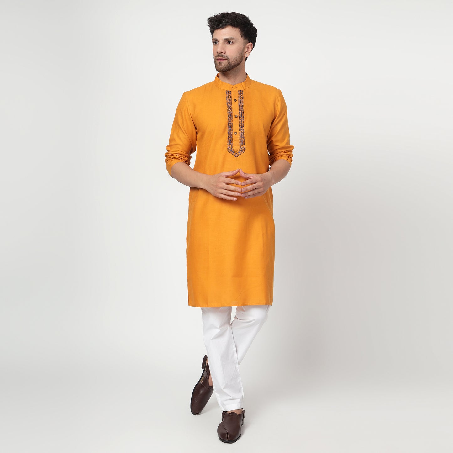 yellow Men's band collar cotton silk kurta