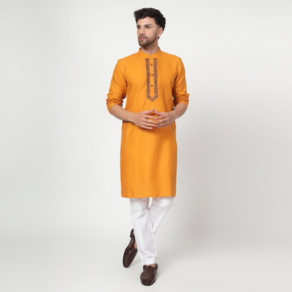 yellow Men's band collar cotton silk kurta