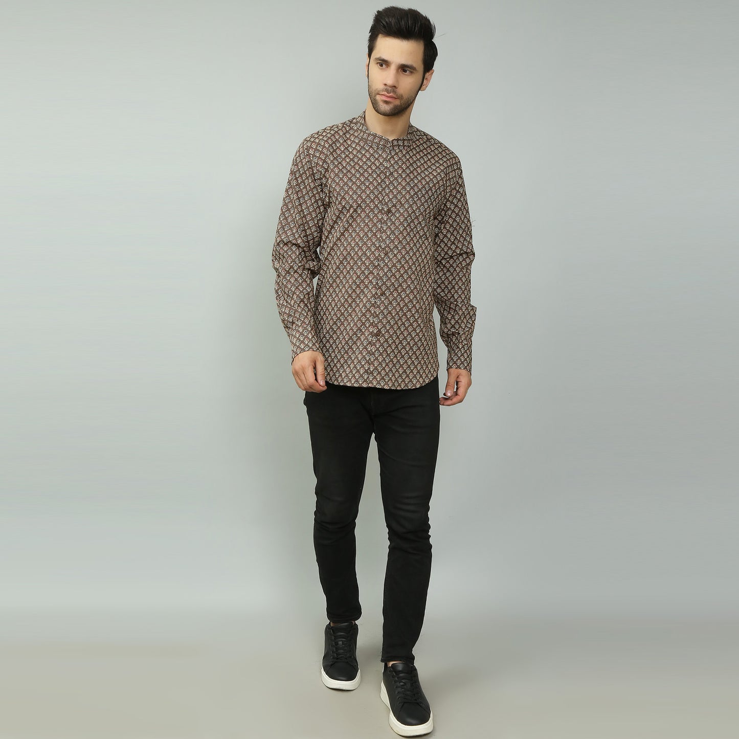 brown Cotton printed full sleeves band collar shirt
