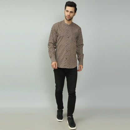 brown Cotton printed full sleeves band collar shirt