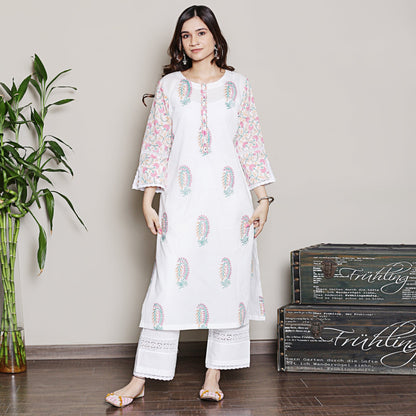 Mix-n-Match White-Pink Mughal Print Kurta Set