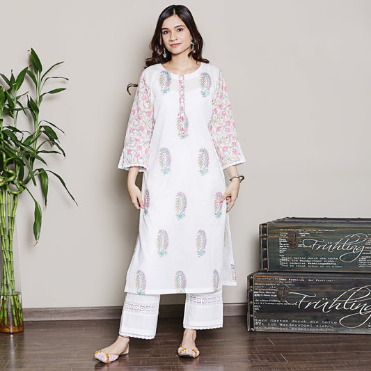Mix-n-Match White-Pink Mughal Print Kurta Set