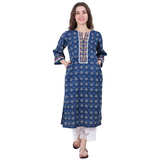 Blue printed Kurta with Neck Detailing