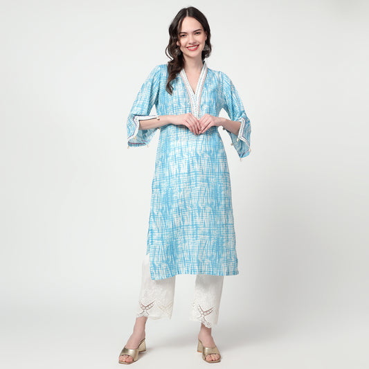 Blue Printed lace detailing kurta