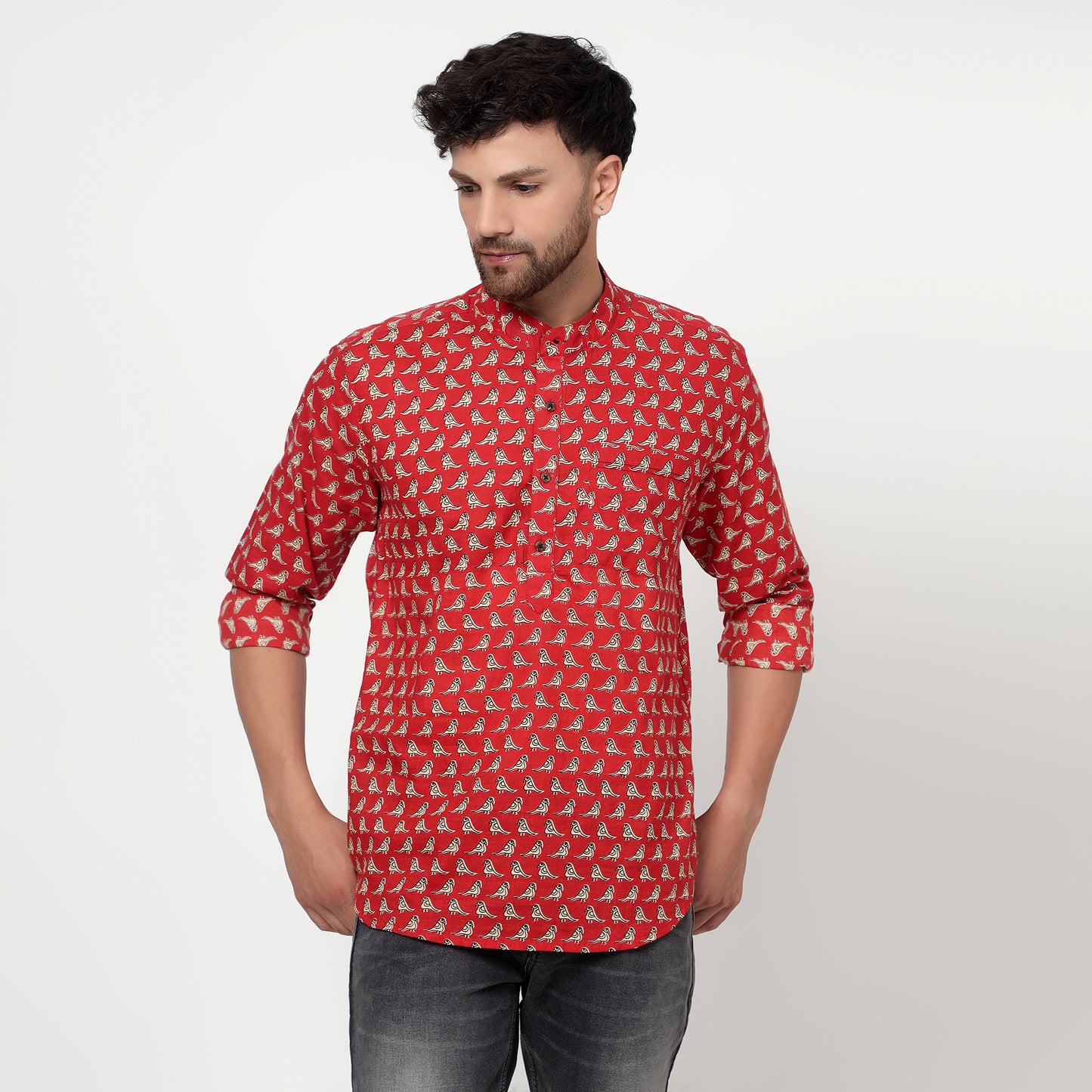 red Cotton printed full sleeves kurta shirt