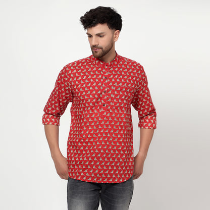 red Cotton printed full sleeves kurta shirt