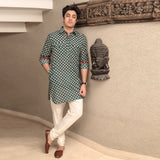 green men's printed shirt collar cotton kurta