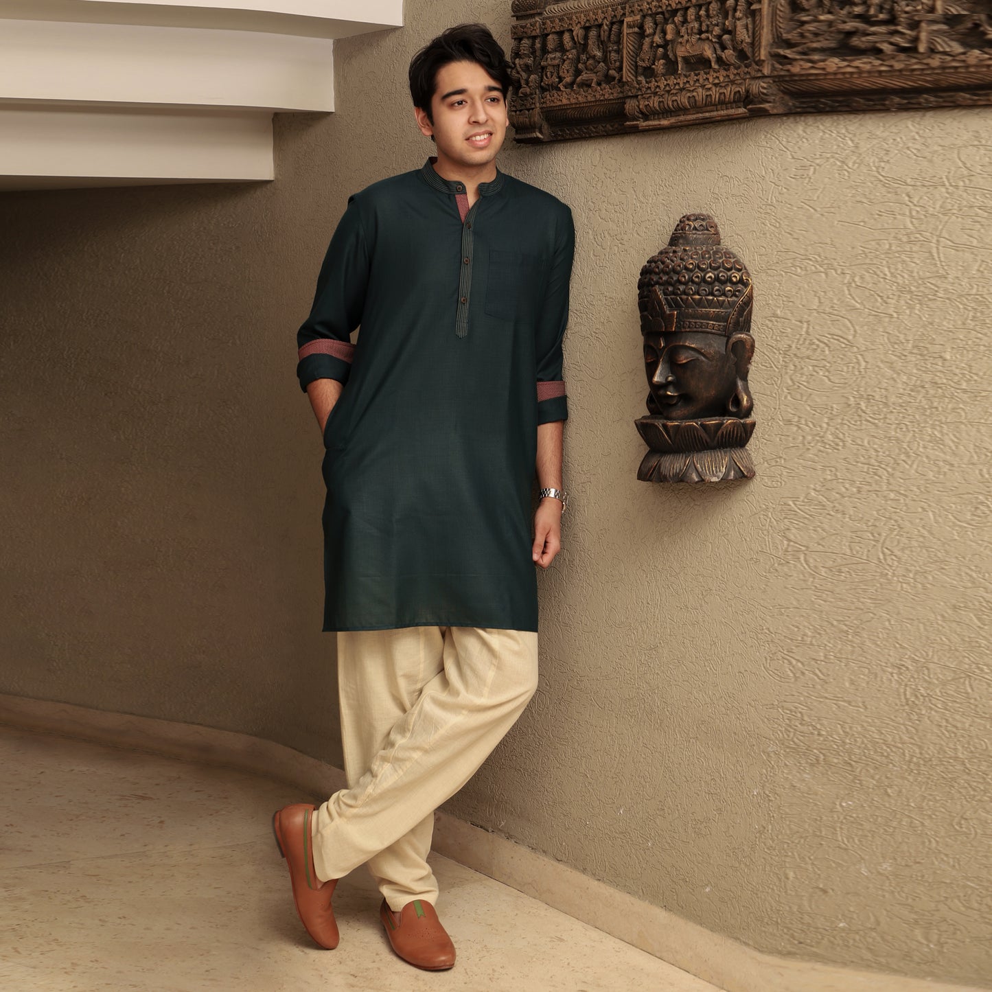 green men's band collar cotton blend kurta
