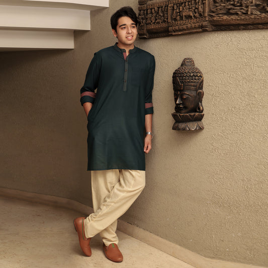 green men's band collar cotton blend kurta