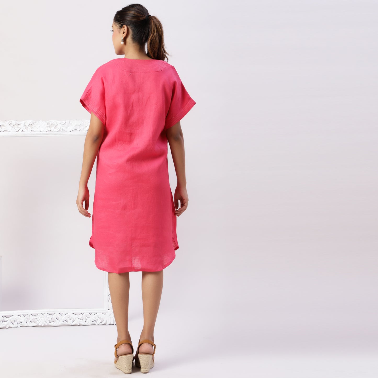 Drop shoulder V neck linen dress