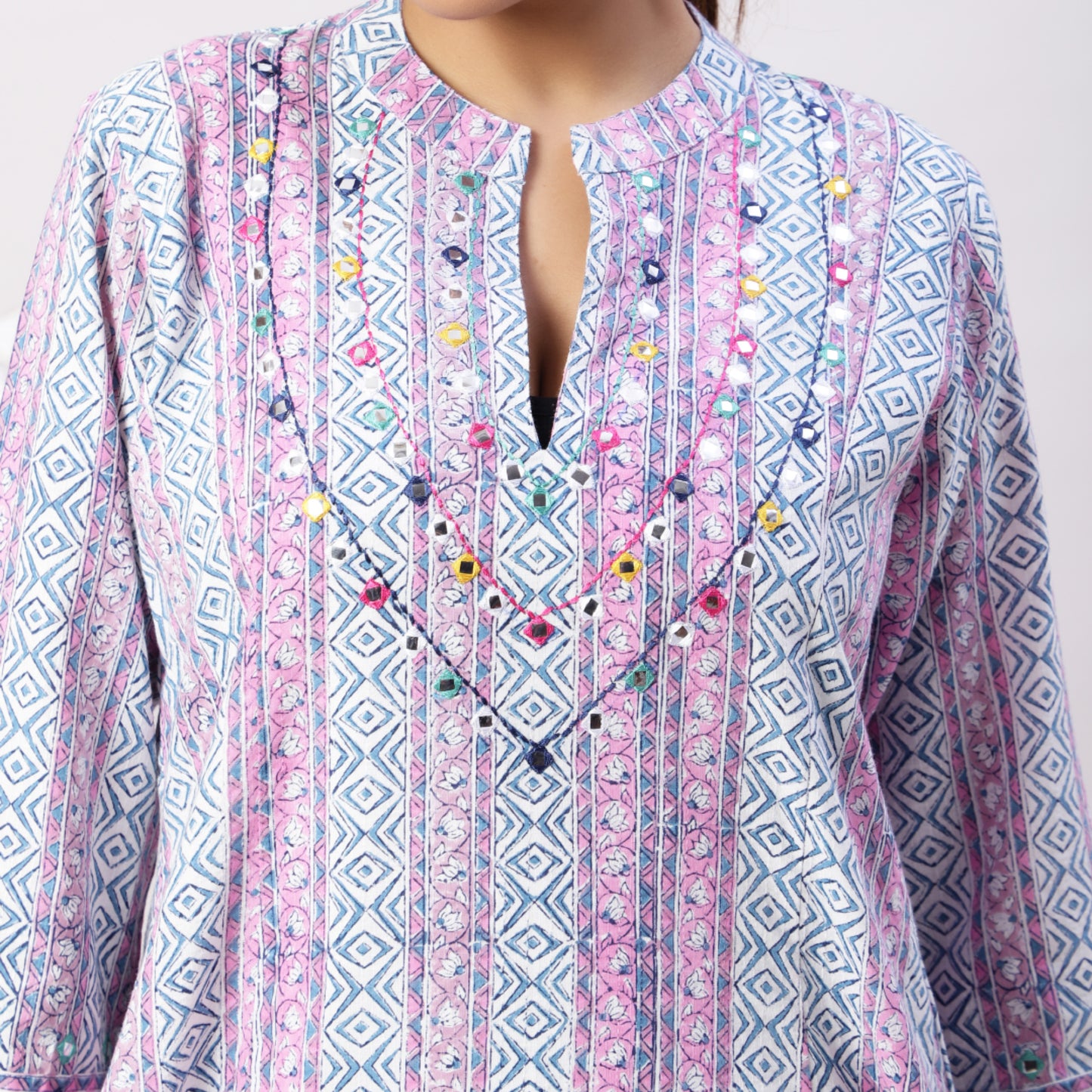 Block printed kantha finish dress with mirrorwork