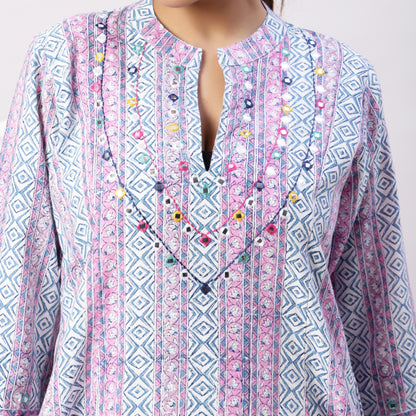 Block printed kantha finish dress with mirrorwork