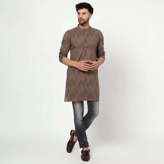 Brown men's textured band collar cotton kurta