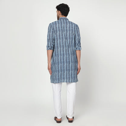 blue Men's printed band collar cotton kurta