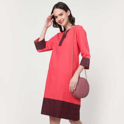 Pink V Neck Knee-length dress
