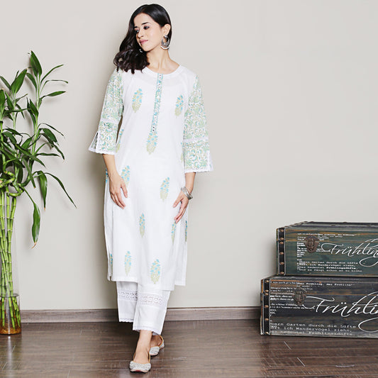 Mix-n-Match White-Blue Mughal Print Kurta Set