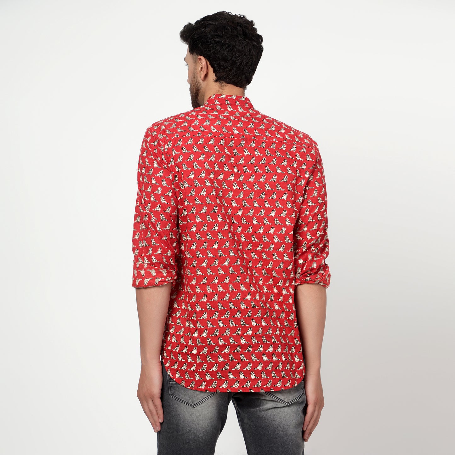 red Cotton printed full sleeves kurta shirt