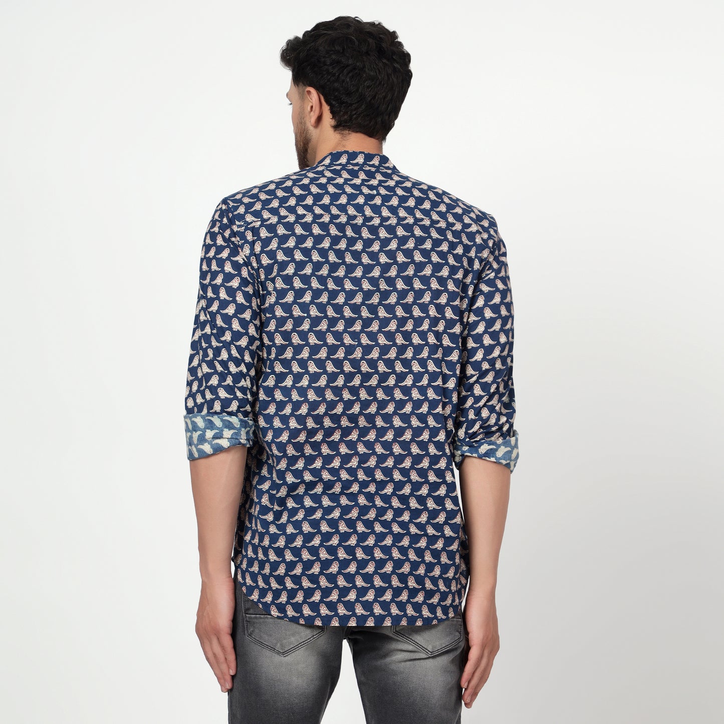 blue Cotton printed full sleeves kurta shirt