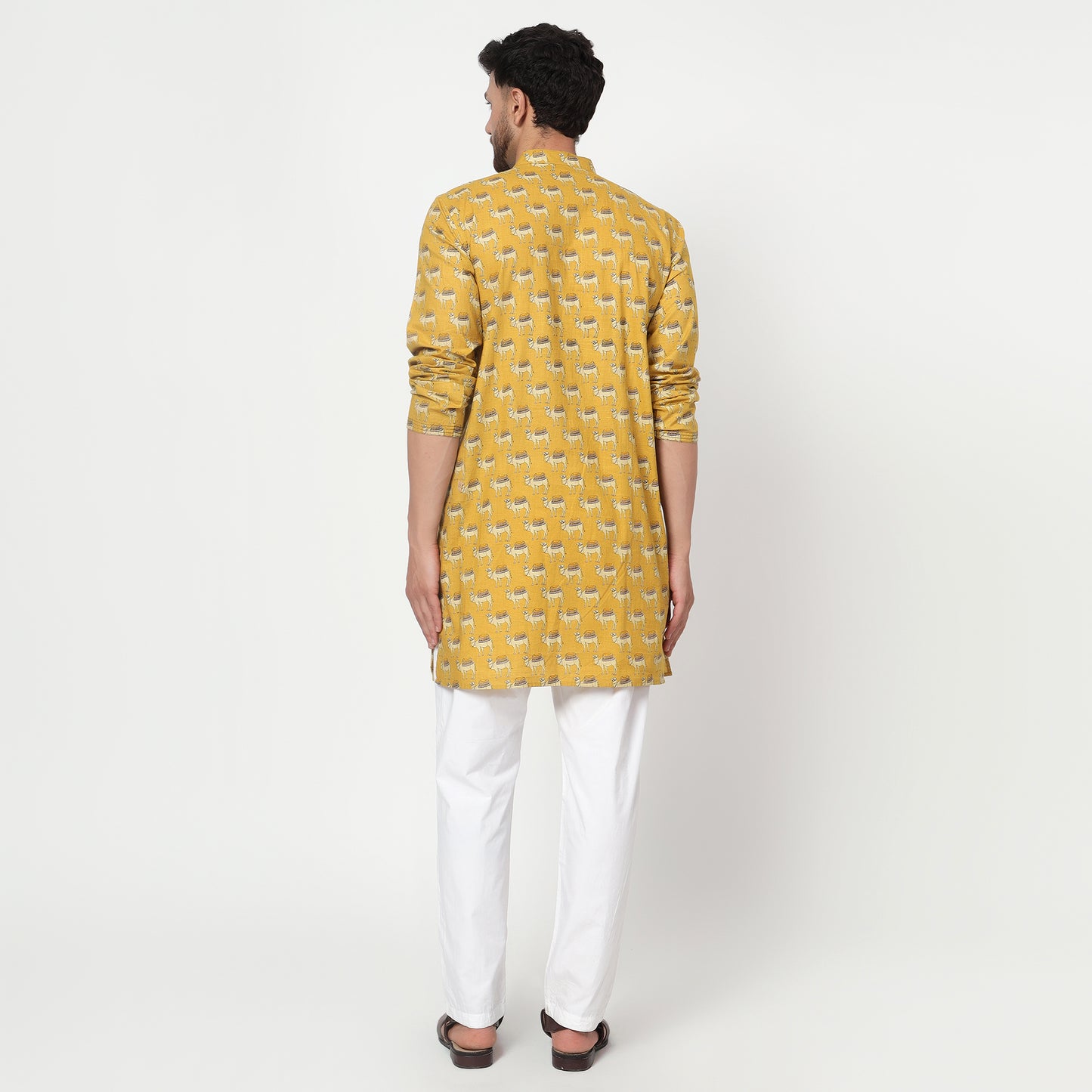 yellow Men's block printed band collar cotton kurta